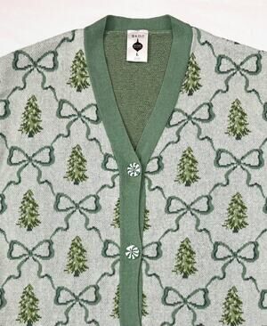 Merry Moments Cardigan Sweater Womens Large Green Christmas Tree Print Peppermin